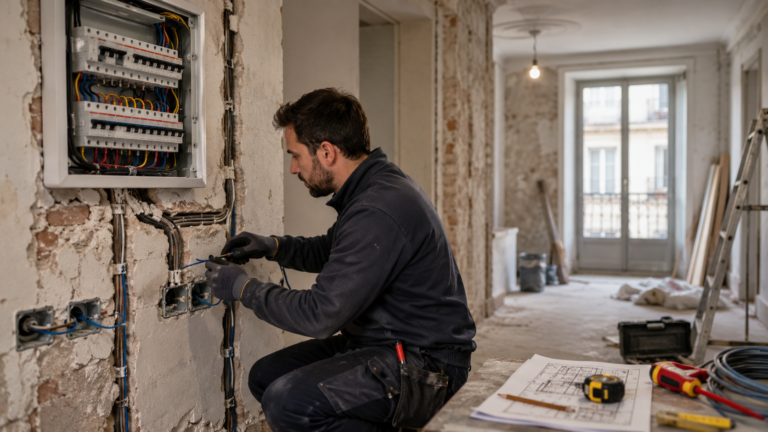 Électricien réalisant une rénovation électrique dans un appartement ancien avec tableau électrique et reprise des circuits