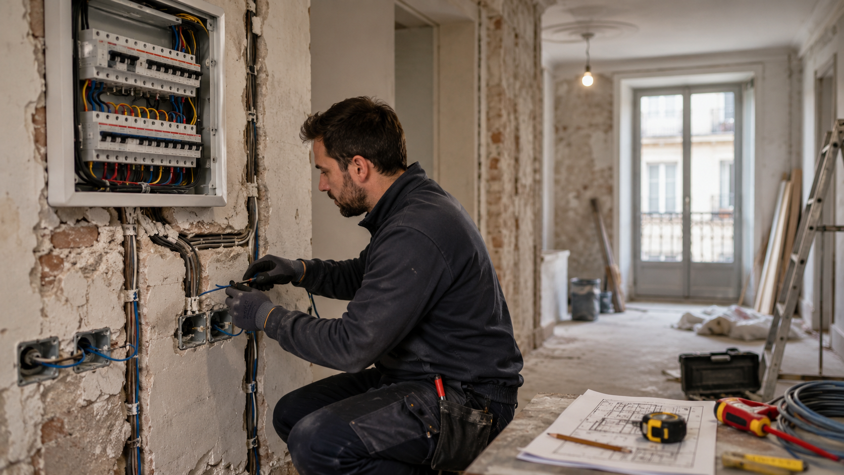 Électricien réalisant une rénovation électrique dans un appartement ancien avec tableau électrique et reprise des circuits