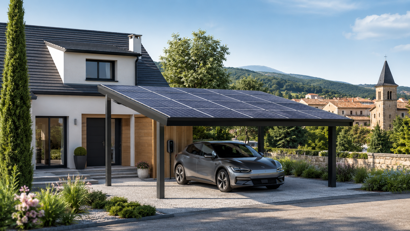 Carport solaire maison avec panneaux photovoltaïques pour produire de l’électricité et abriter un véhicule