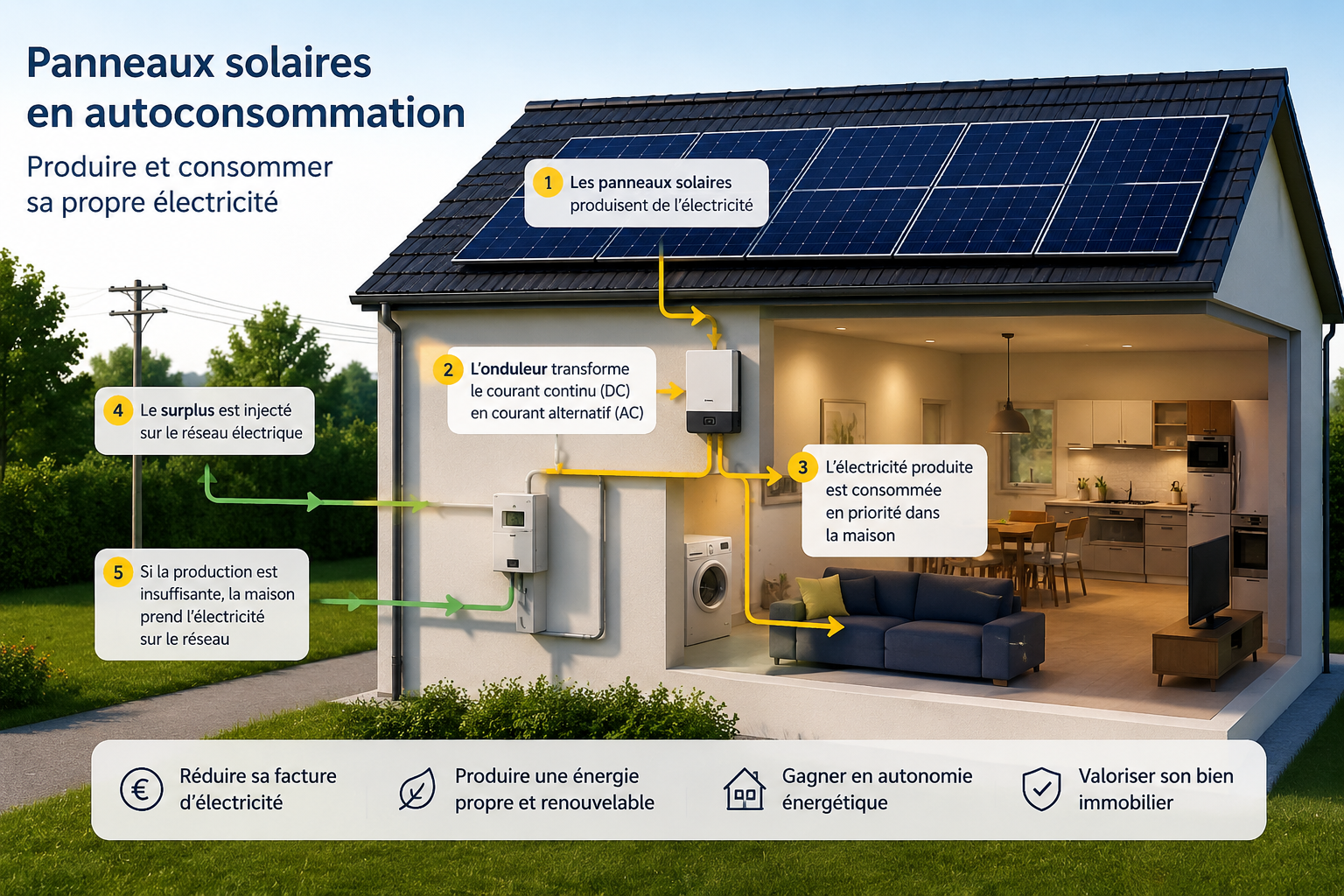Panneaux solaires en autoconsommation sur une maison avec schéma de production et consommation d’électricité