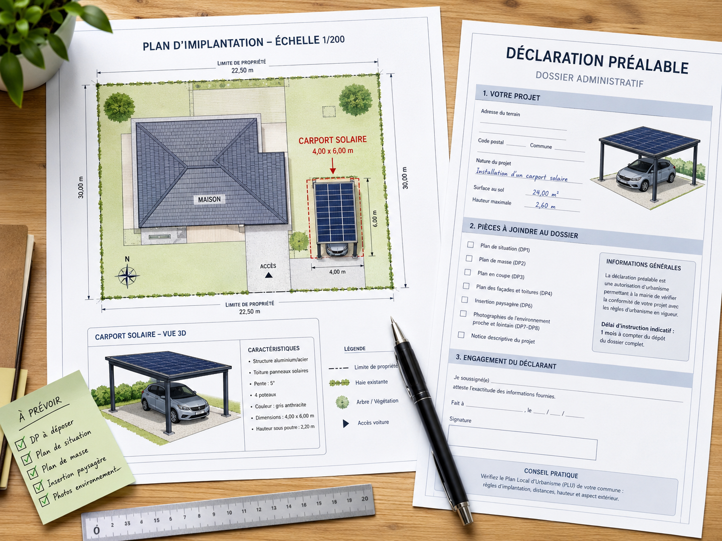 Carport solaire devant une maison avec panneaux photovoltaïques et démarches d’autorisation à prévoir