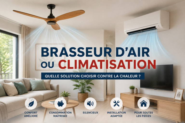 Brasseur d’air installé au plafond dans un séjour pour améliorer le confort en période de forte chaleur