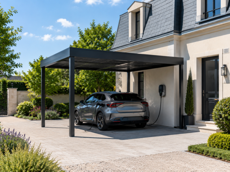 Carport solaire avec borne de recharge pour véhicule électrique à domicile