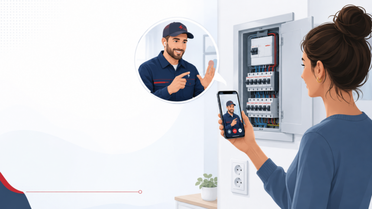 Cliente réalisant un diagnostic électrique en visio avec un électricien devant son tableau électrique.